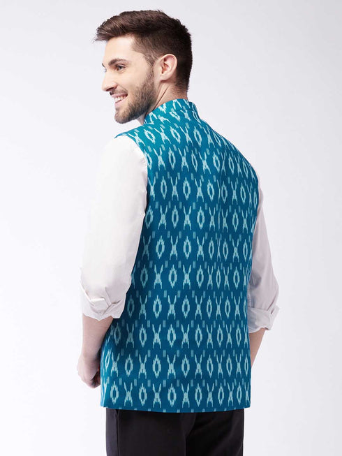 Vastramay Men's Turquoise Cotton Nehru Jacket